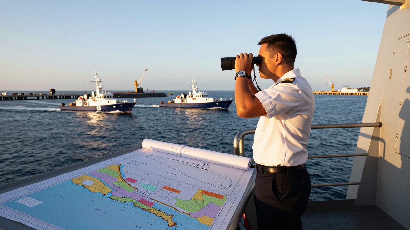 Marinheiro de uniforme observa dois barcos no mar com binóculos, ao lado de mapa náutico num convés.