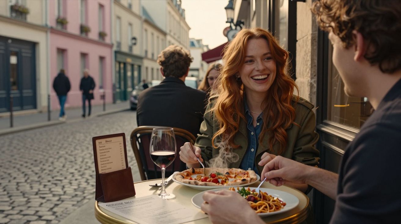 Casal jovem a almoçar numa esplanada numa rua de calçada com edifícios coloridos ao fundo.