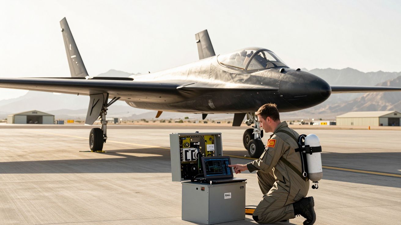 Militar em uniforme verifica equipamento eletrónico junto a avião de vigilância no aeroporto deserto.