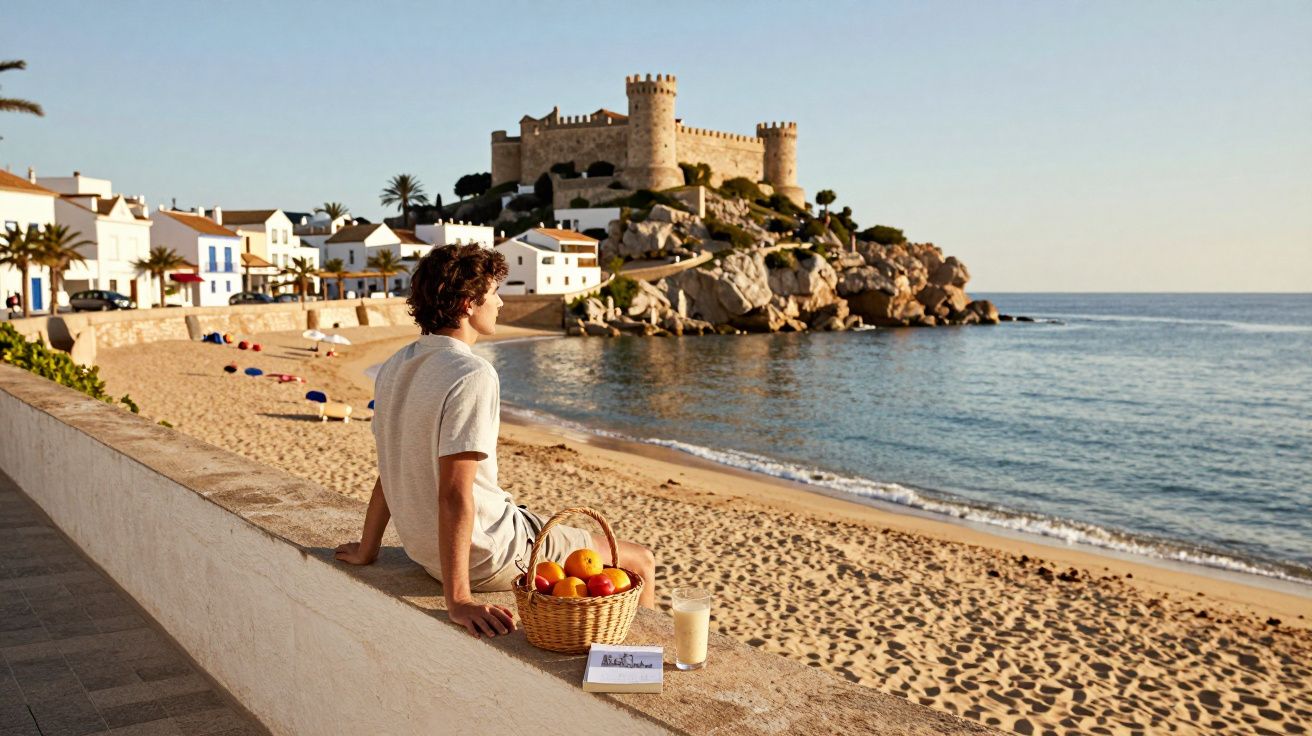 Jovem sentado na praia com cesto de fruta, bebida e castelo medieval ao fundo, ao entardecer.