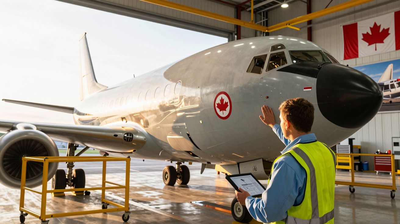 Técnico com colete refletor inspeciona avião militar no hangar, com bandeira do Canadá ao fundo.