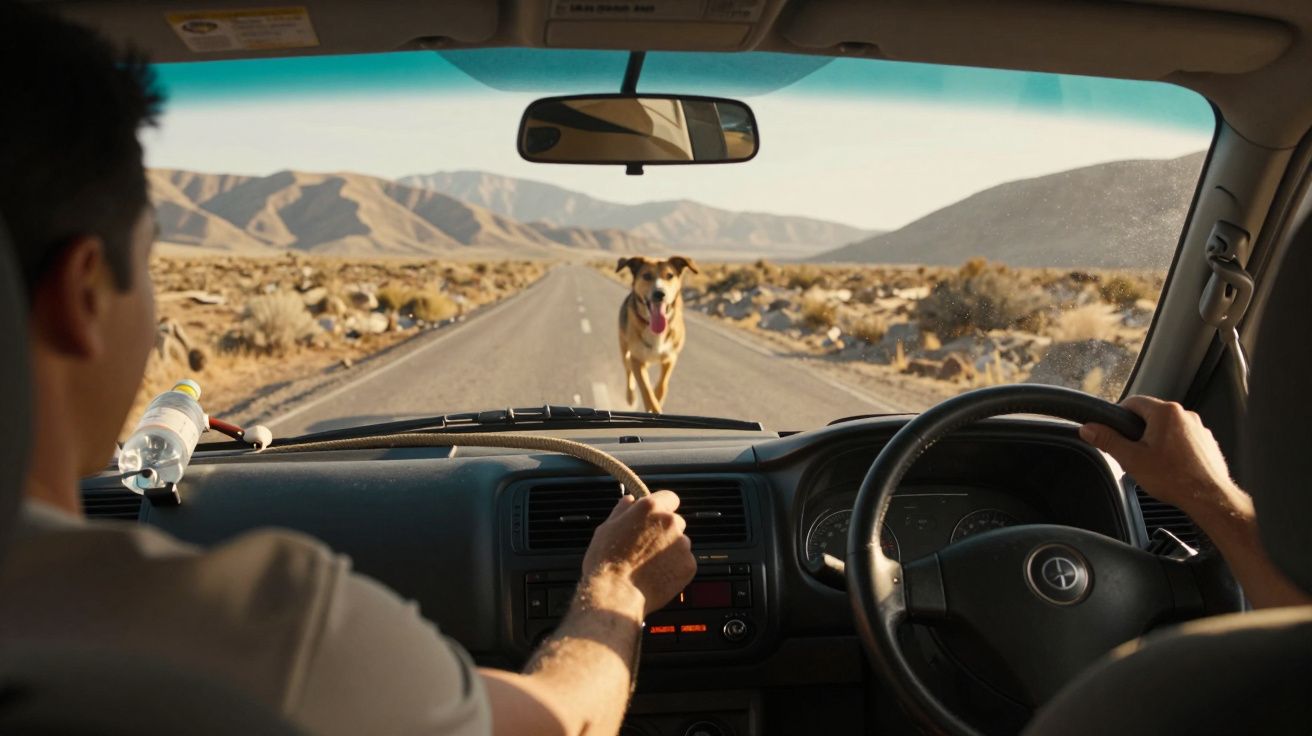 Interior de carro com duas pessoas a conduzir em estrada deserta, com cão a correr pela estrada à frente.