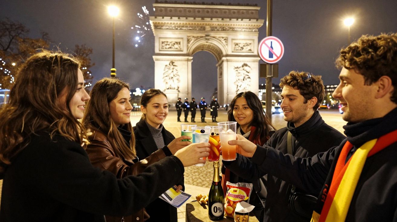 Grupo de jovens brindando com bebidas junto ao Arco do Triunfo à noite, com fogo de artifício ao fundo.