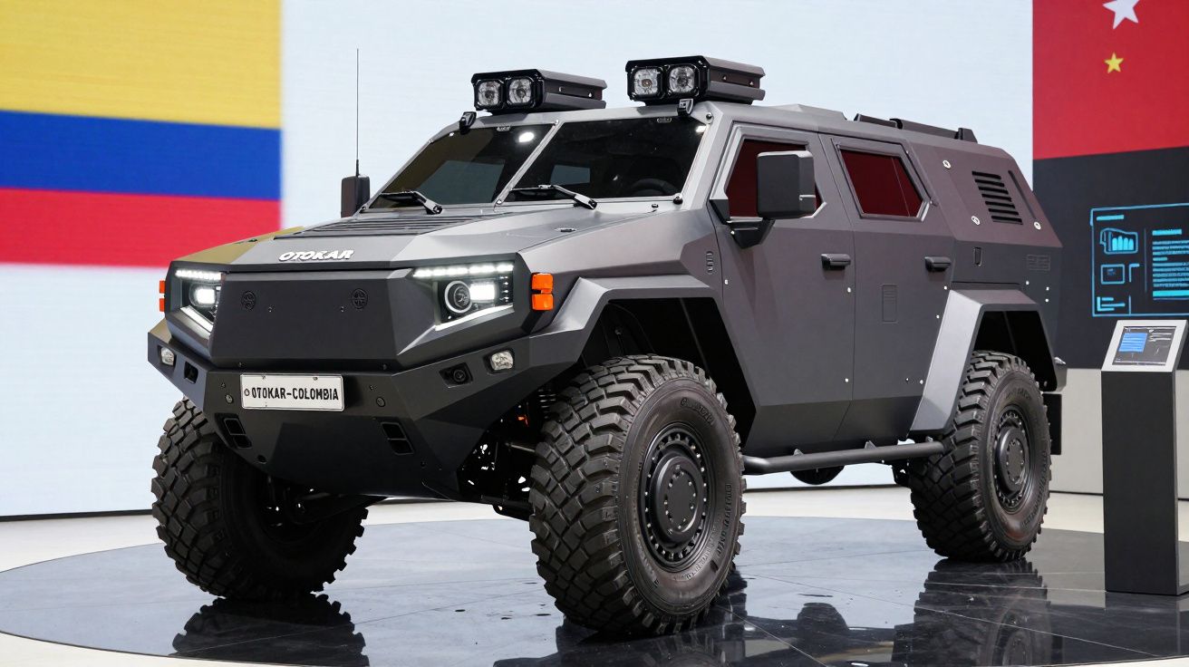 Veículo blindado cinza escuro com pneus robustos exposto em salão automóvel.