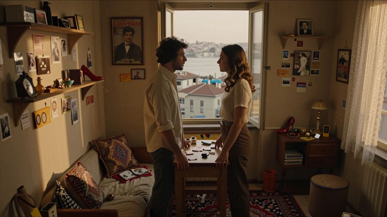 Homem e mulher em frente a janela numa sala decorada com fotografias, livros e objetos pessoais.