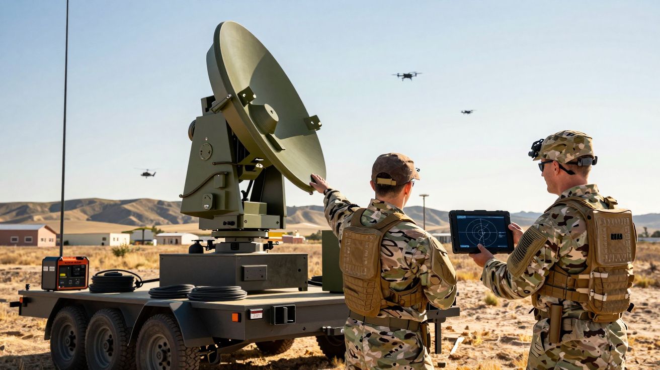 Dois soldados em uniforme operam equipamento radar e monitorizam drones num ambiente desértico.