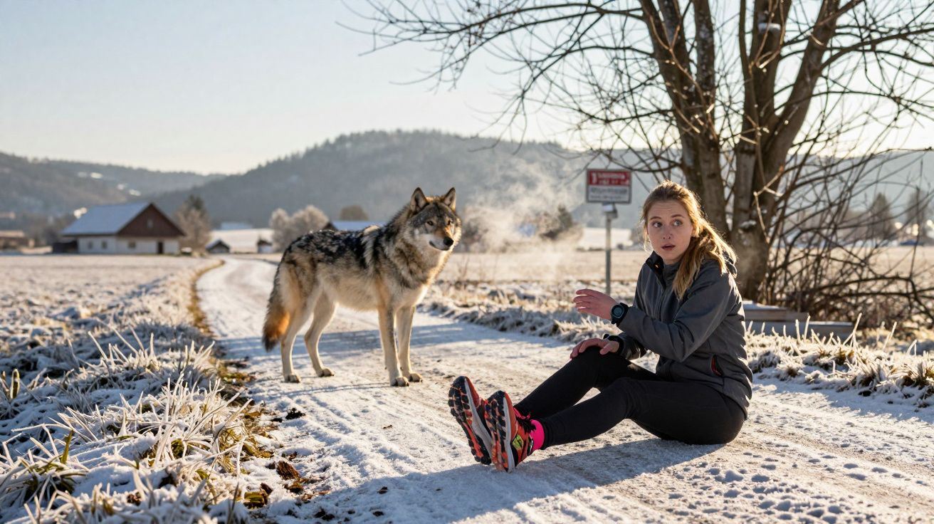 Mulher sentada no chão gelado assustada com um lobo perto numa paisagem rural nevada.