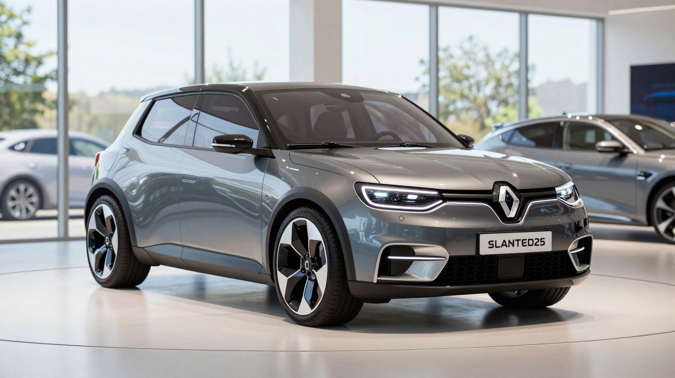 Carro elétrico Renault cinzento modelo Slanted25 exposto em salão moderno com janelas grandes.