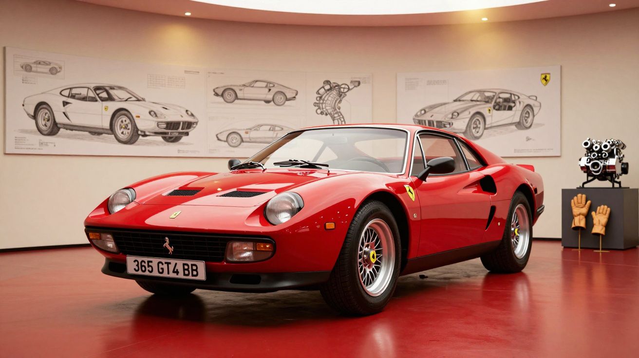 Carro desportivo Ferrari vermelho clássico em exposição com desenhos técnicos e equipamento de corrida ao fundo.