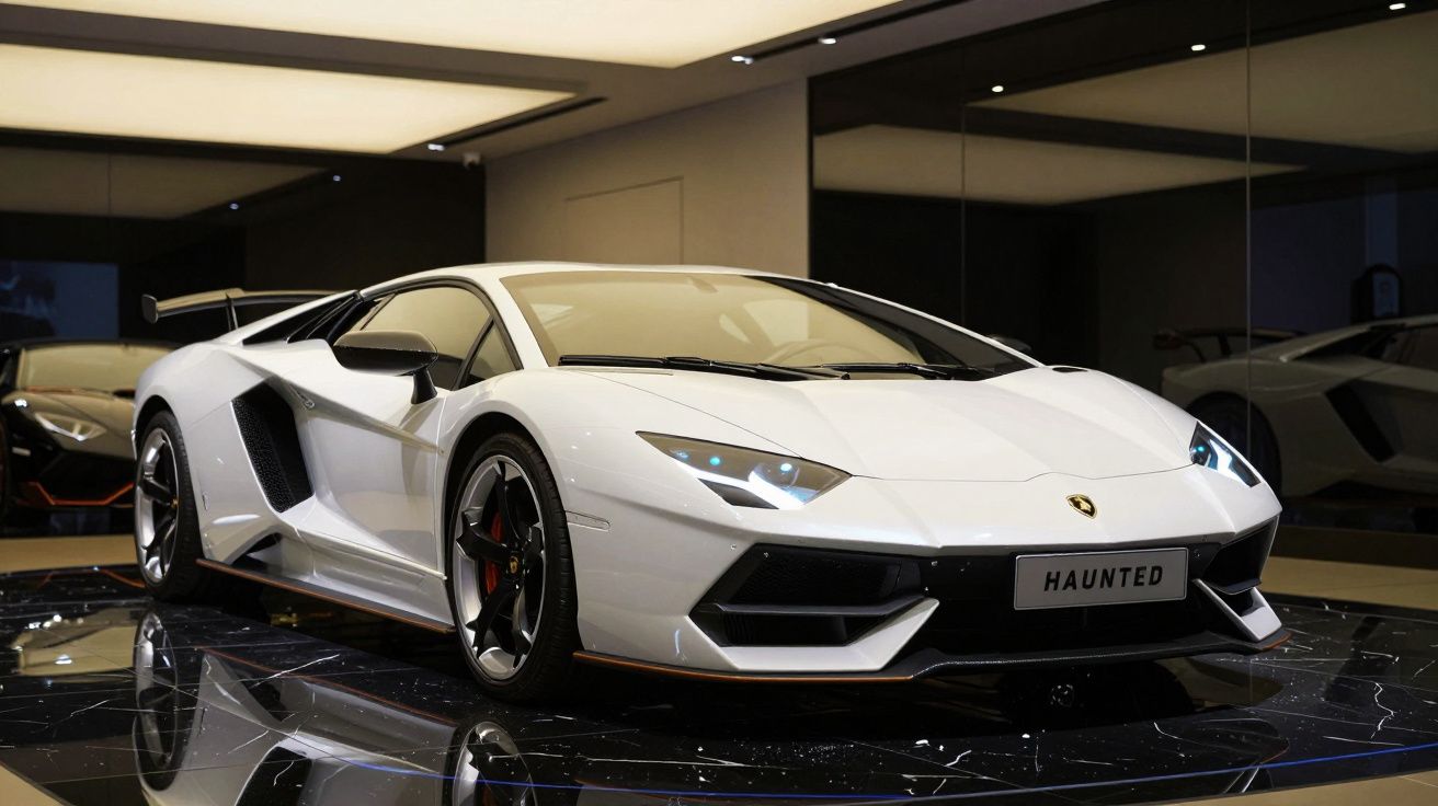 Carro desportivo branco Lamborghini estacionado em chão espelhado dentro de showroom moderno.
