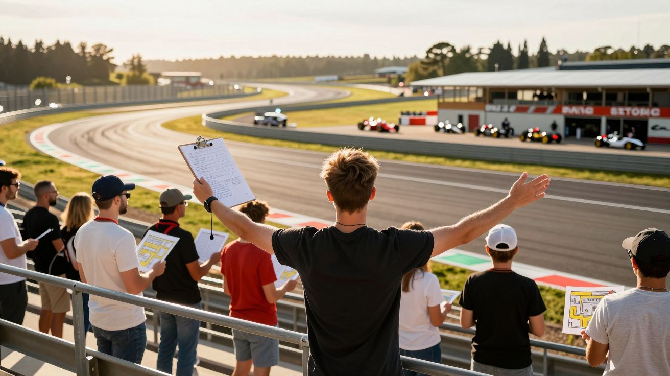 Pessoas observam corrida de carros num circuito, com destaque para homem de braços abertos e prancheta na mão.