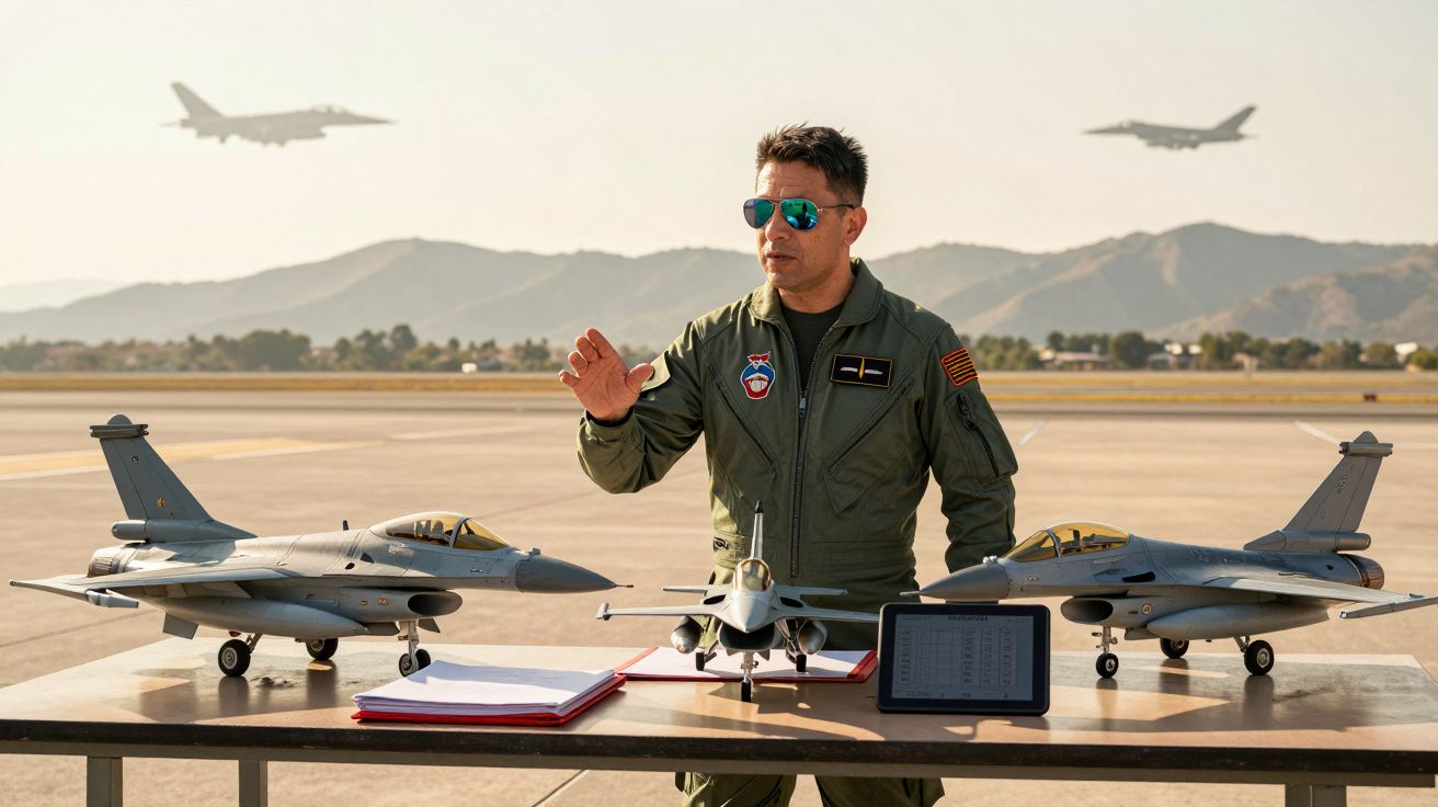 Piloto militar com fato de voo verde fala junto a três modelos de aviões de combate numa pista com dois jatos em voo ao fundo