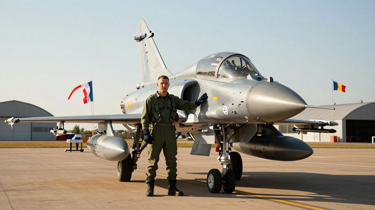 Piloto militar em fato verde encostado a avião de guerra cinzento parado no pátio do aeródromo ao fim da tarde.