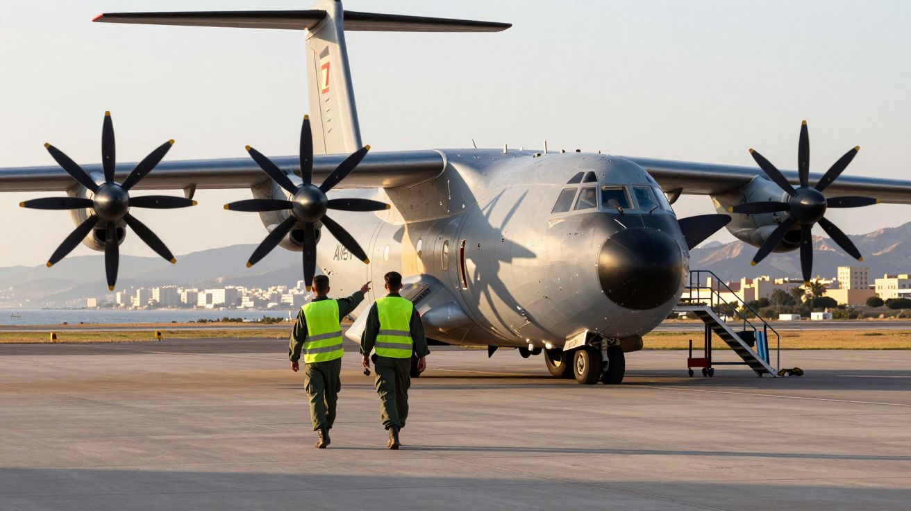 Aeronave militar com quatro hélices estacionada em pista, com dois militares de colete refletor a caminhar para ela.