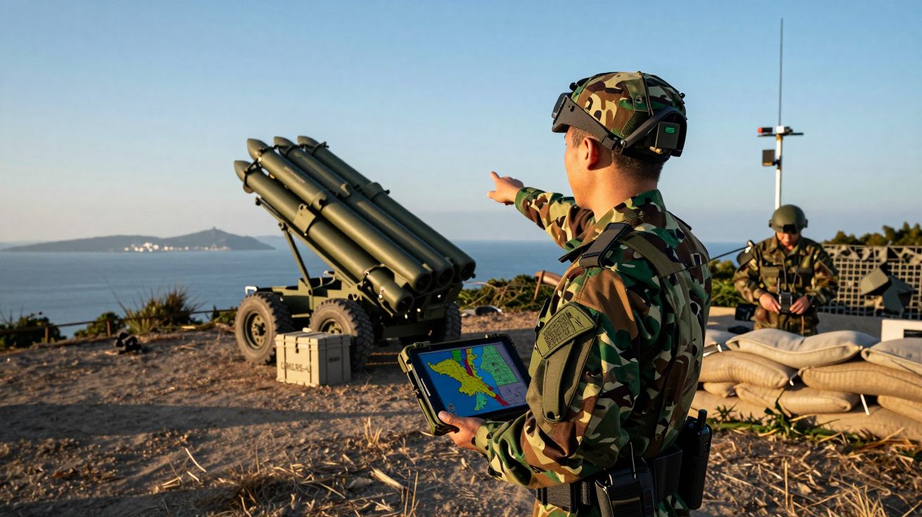 Soldado em uniforma camuflado com tablet aponta para horizonte marítimo perto de equipamento militar de lançamento de mísseis