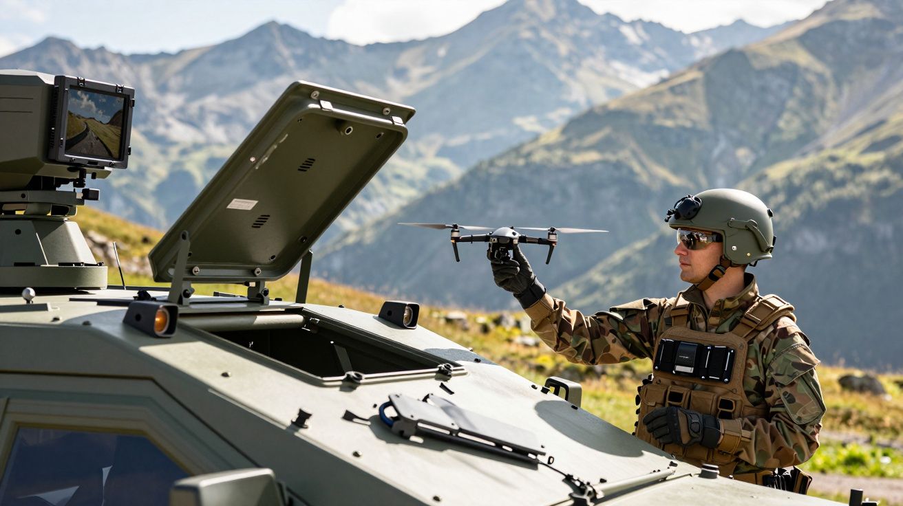 Soldado com uniforme camuflado a segurar um drone junto a veículo militar com montanhas ao fundo.