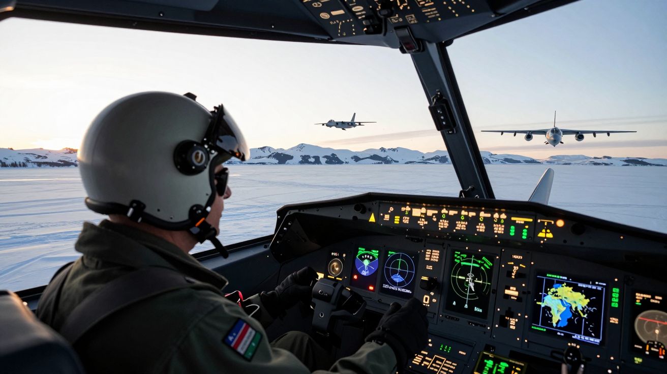 Piloto militar no cockpit de avião com dois aviões a voar sobre paisagem nevada e montanhas ao fundo.