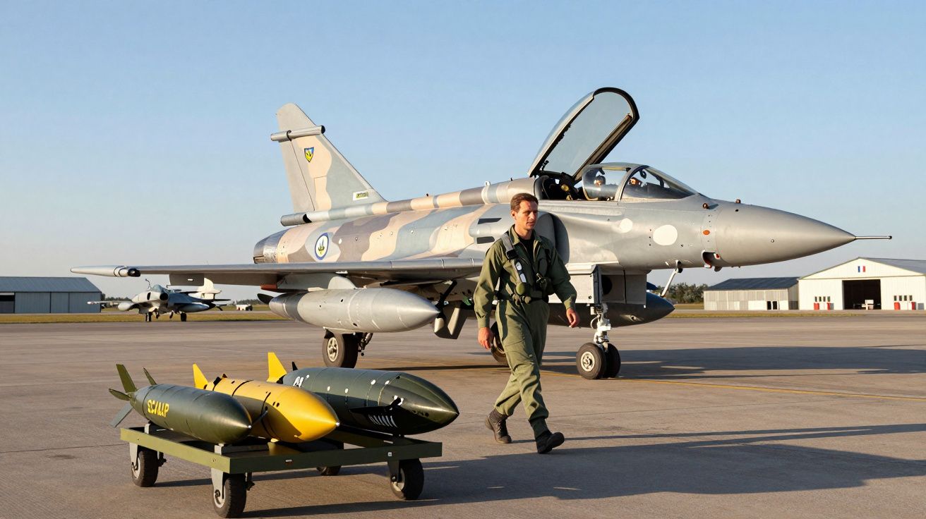 Piloto militar a caminhar ao lado de aviões de caça e munições numa base aérea ao amanhecer.