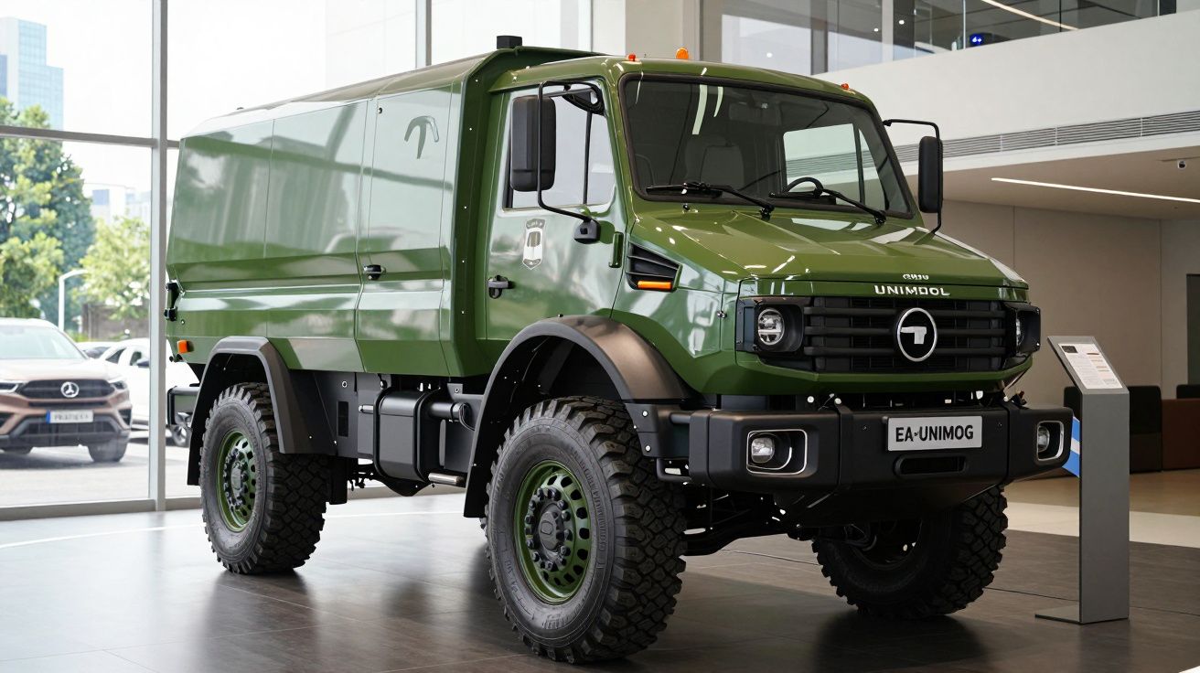 Camião verde Unimog em exposição num showroom moderno com grandes janelas e iluminação natural.