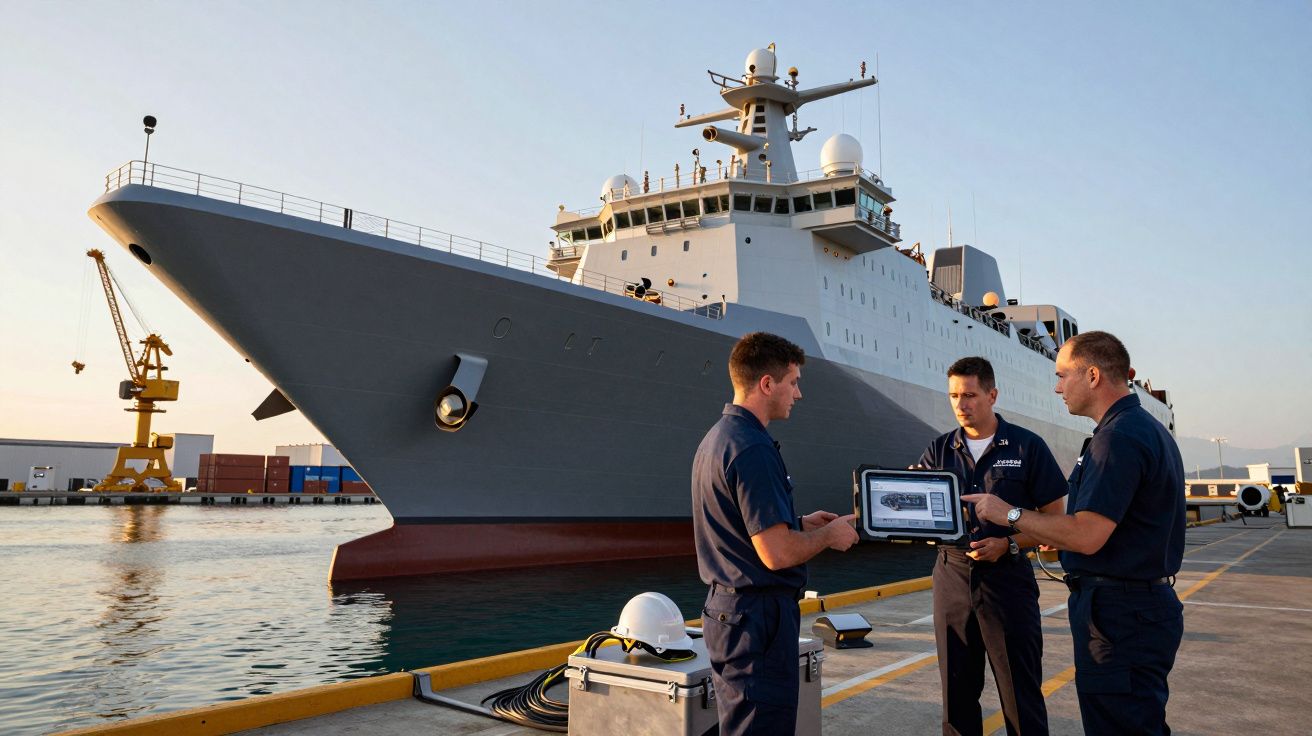 Três homens em uniformes discutem planos junto a um grande navio de guerra atracado num porto.
