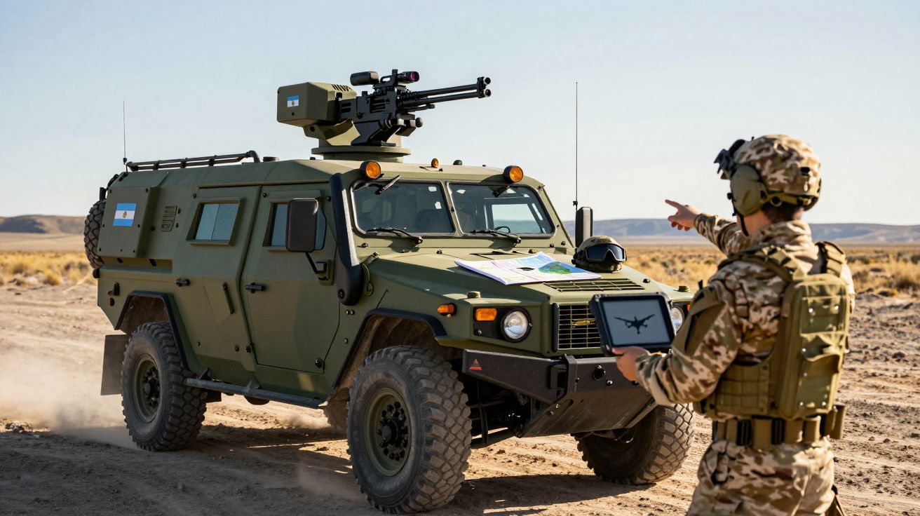 Soldado com equipamento militar aponta para veículo blindado verde armado num terreno árido.