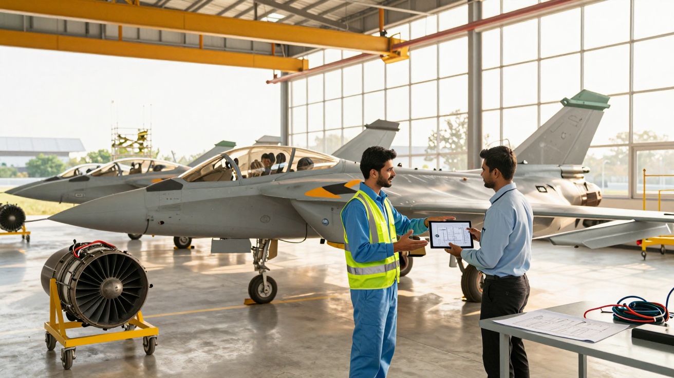 Duas pessoas em hangar conversam enquanto inspecionam jato militar com motor exposto à esquerda.