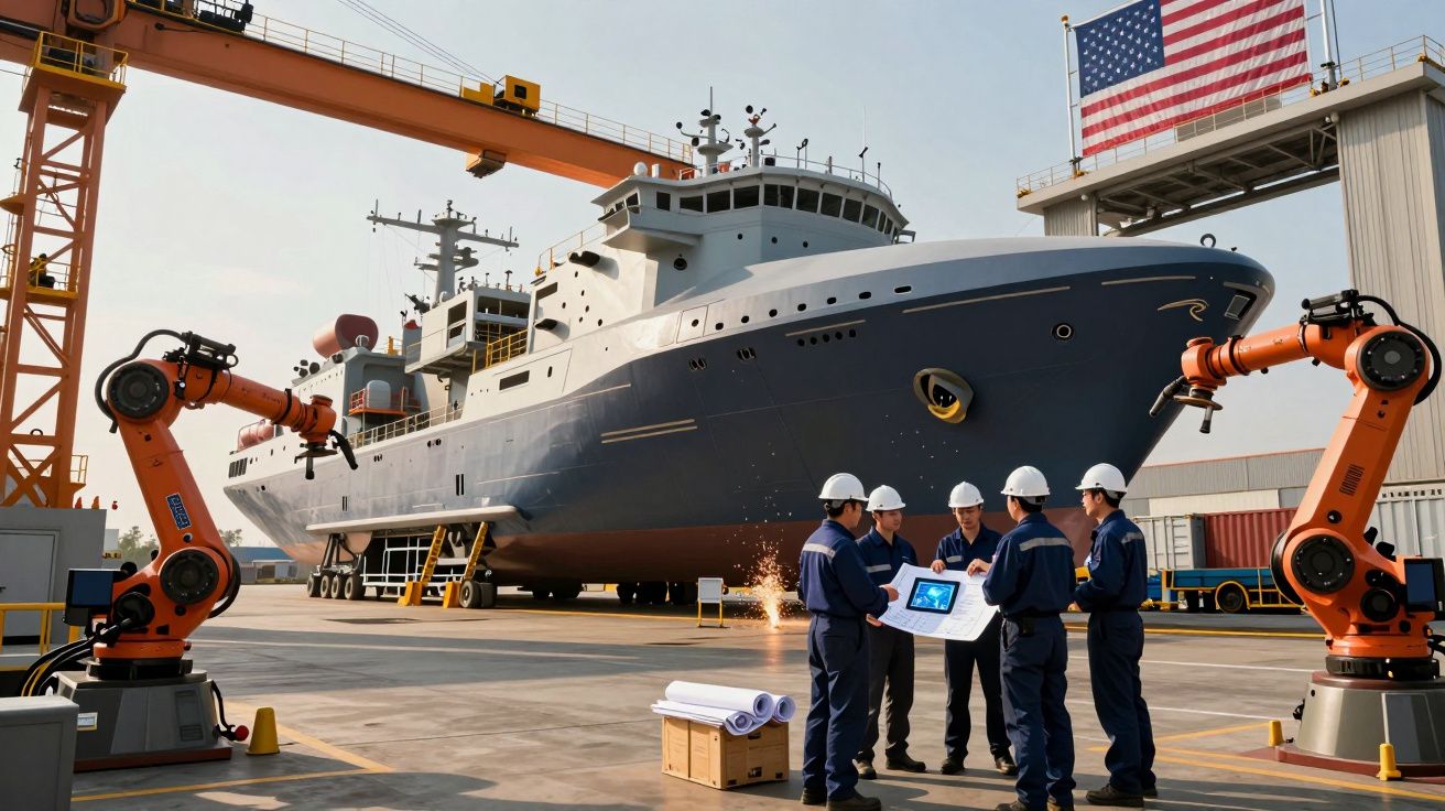 Equipe de engenheiros em cais com capacetes, analisando planos junto a navio militar e braços robóticos industriais.