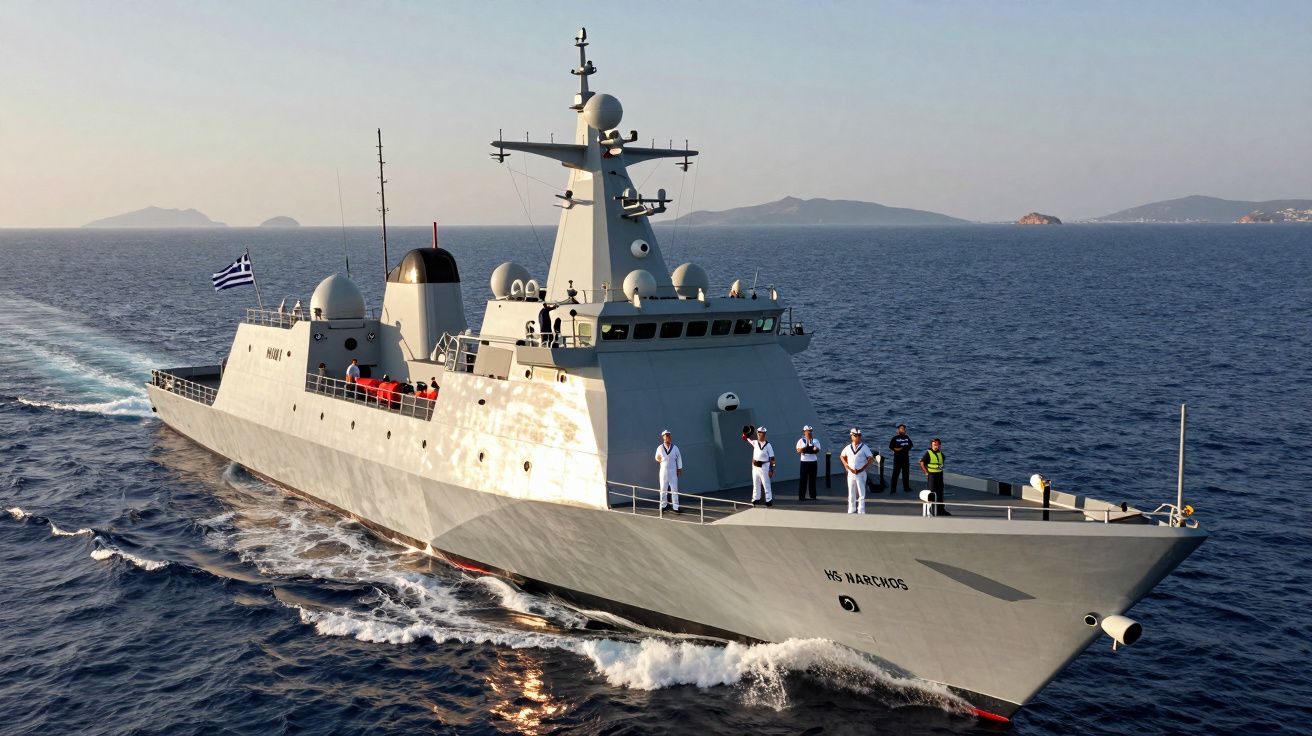 Navio militar cinzento com tripulação à proa navegando em mar calmo, com ilhas ao fundo e bandeira da Grécia.