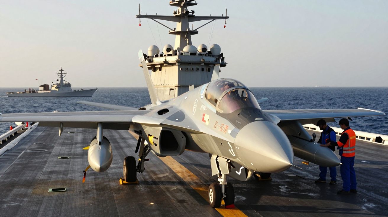 Caça militar estacionado em porta-aviões com dois militares ao lado e navio de guerra ao fundo no mar.