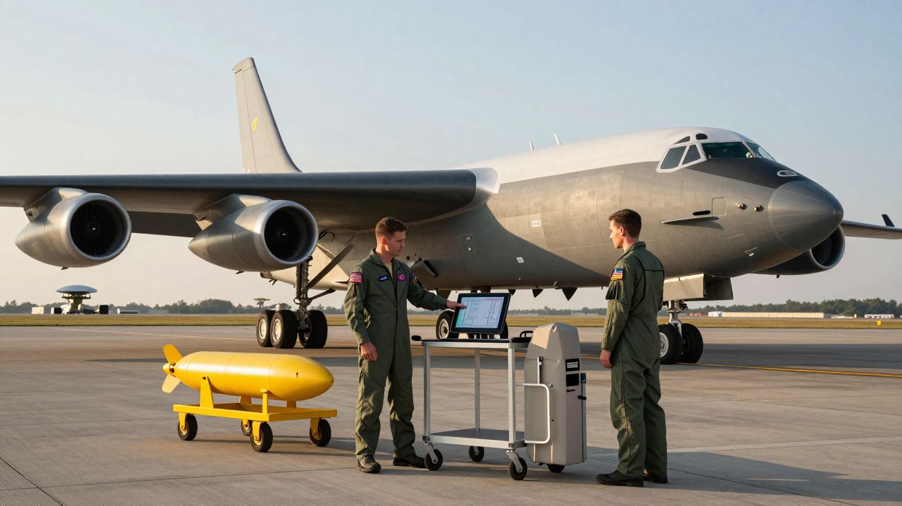 Dois militares junto a uma bomba amarela com rodas e um computador, diante de um avião militar estacionado.