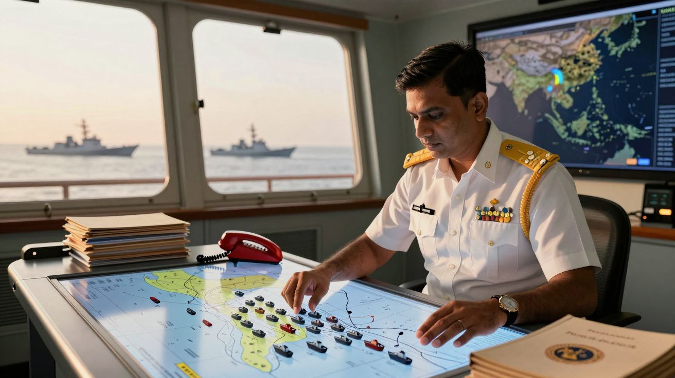 Oficial naval operando mesa digital com mapa tático marítimo, navios e comunicação a bordo de um navio.