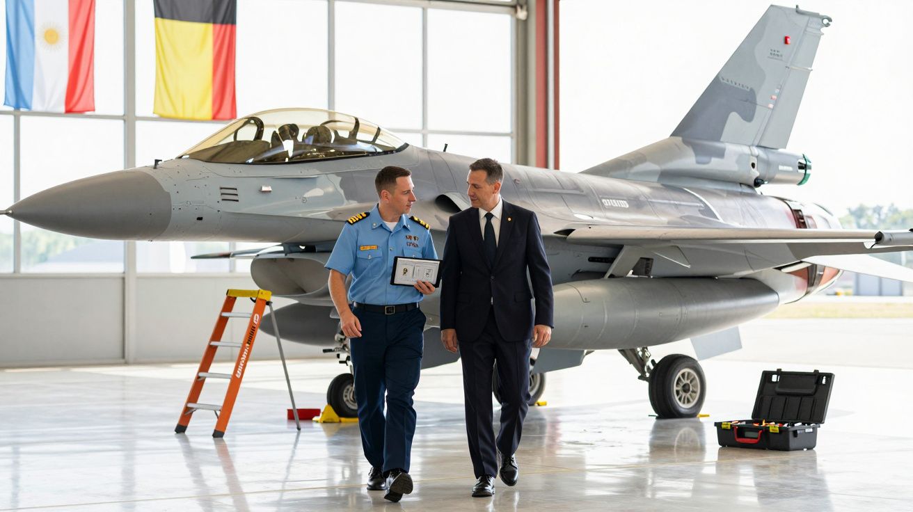 Dois homens, um militar e outro de fato, caminham e conversam junto a um caça F-16 num hangar.
