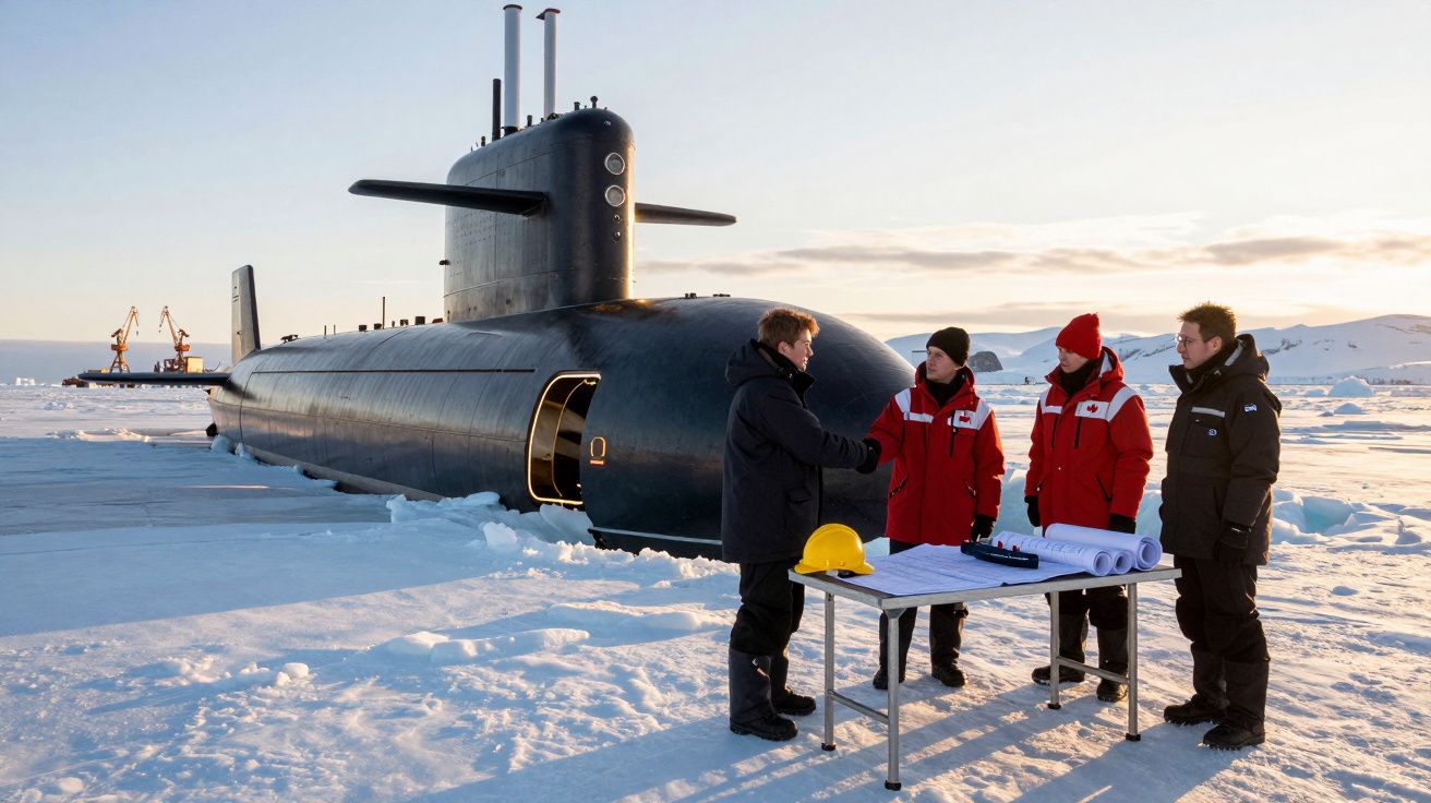 Submarino preto no gelo com quatro pessoas de casacos grossos a discutir junto a uma mesa com mapas e capacete.