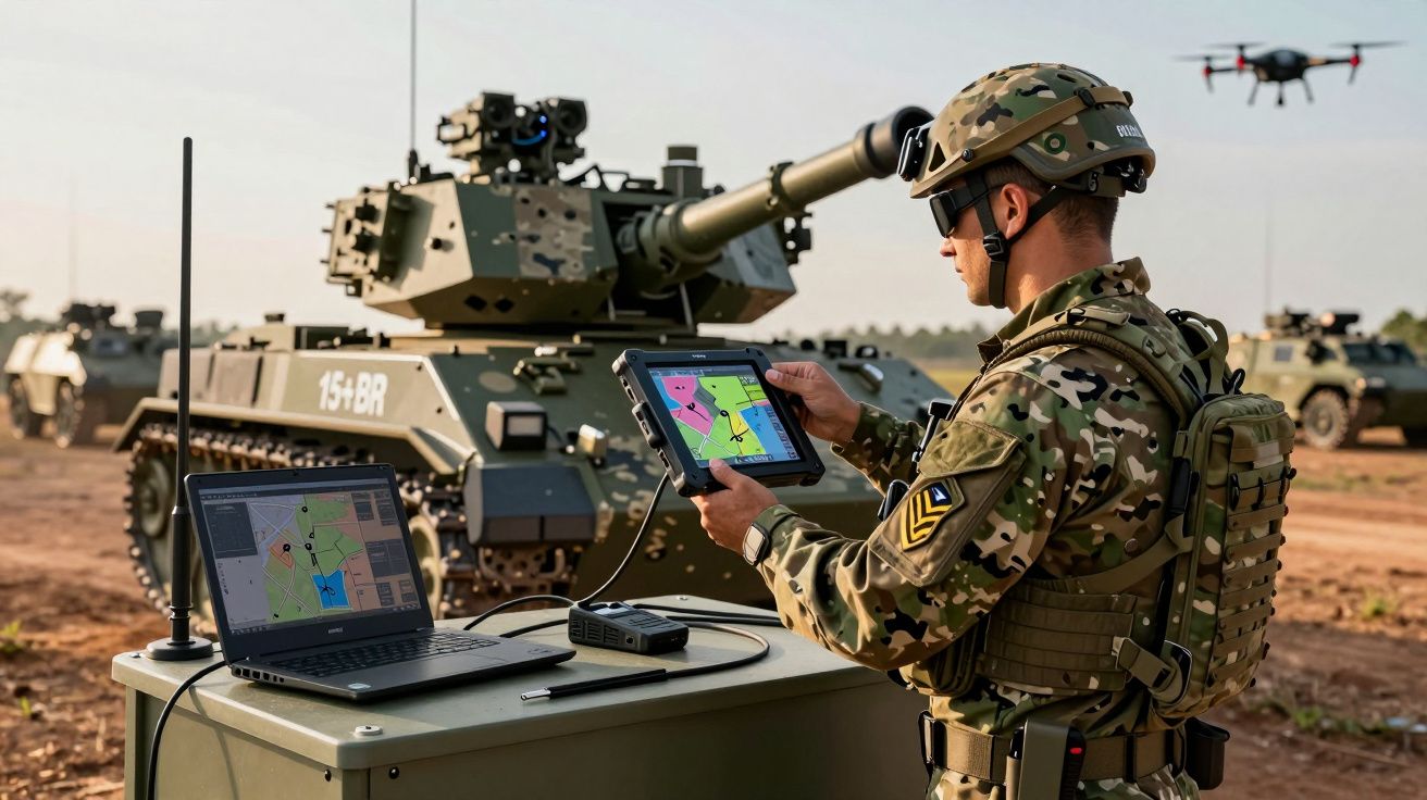 Militar com tablet e portátil a controlar veículos blindados e um drone em campo de treino militar.