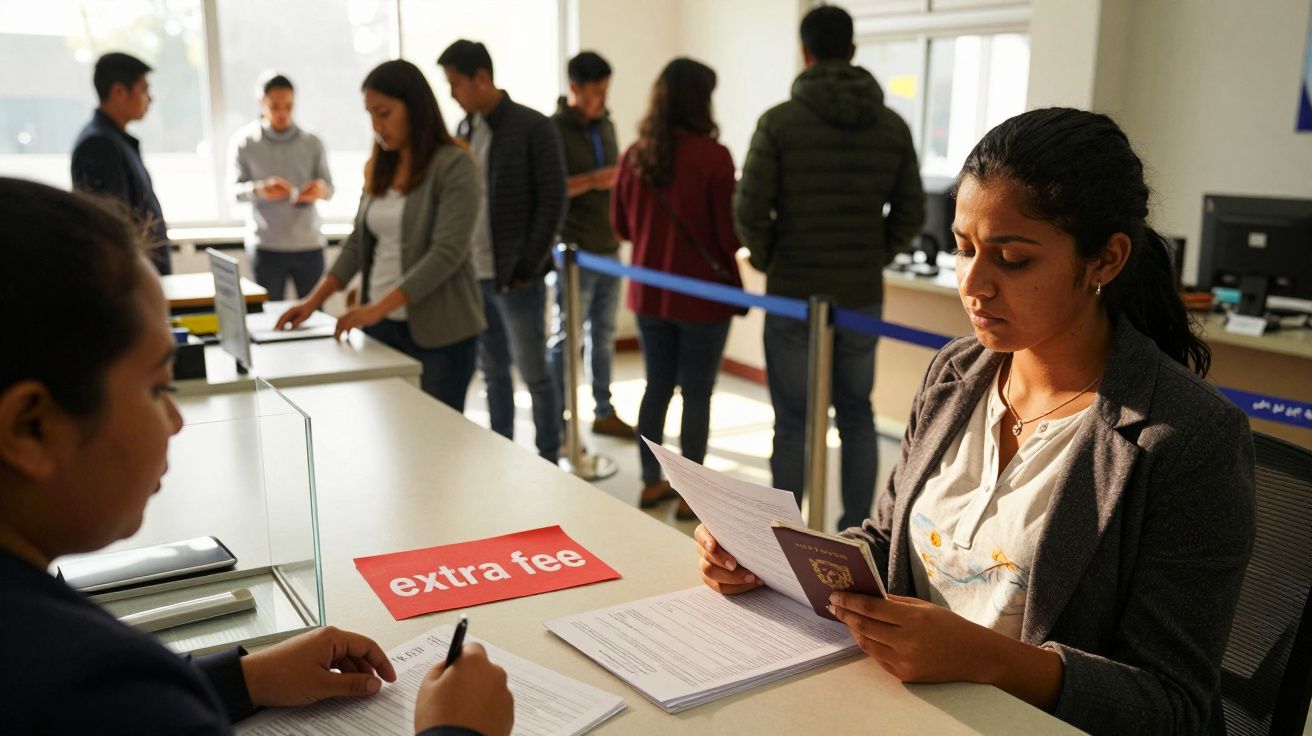 Pessoa a mostrar passaporte e documentos numa fila de atendimento com sinalização de taxa extra num balcão.