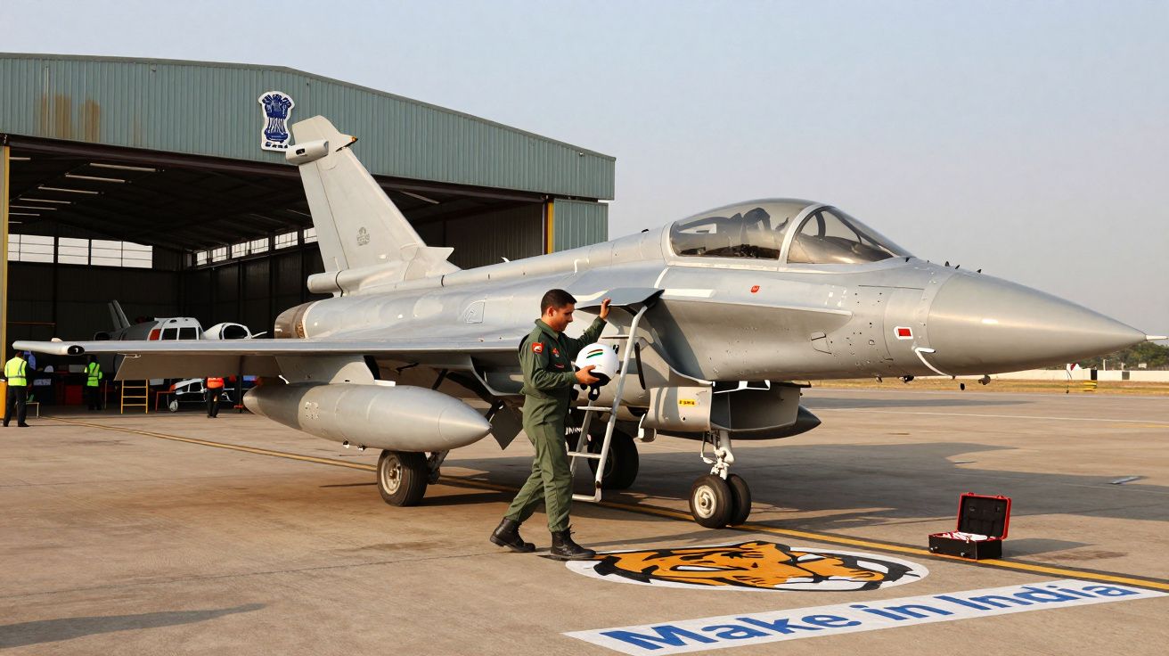 Piloto em fato verde junto a caça militar prateado estacionado em pista com hangar ao fundo.