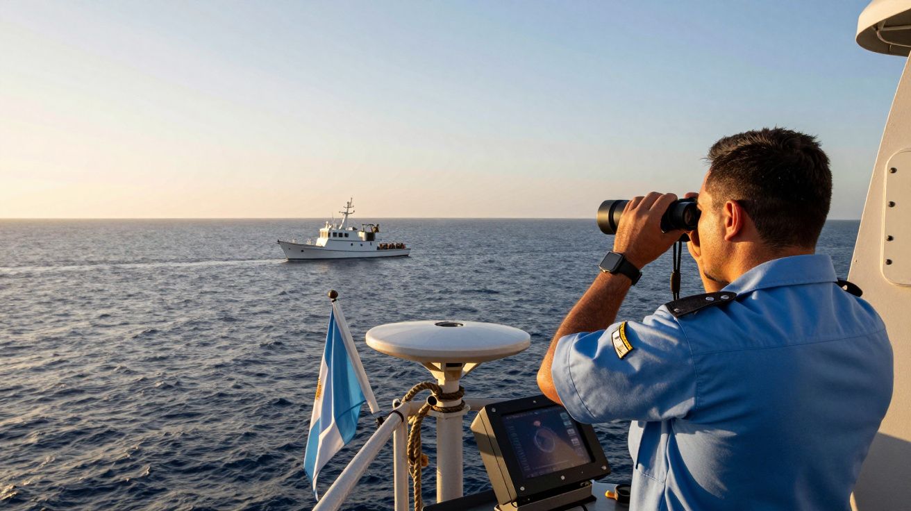 Homem em farda azul observa barco ao longe no mar com binóculos durante o pôr do sol.