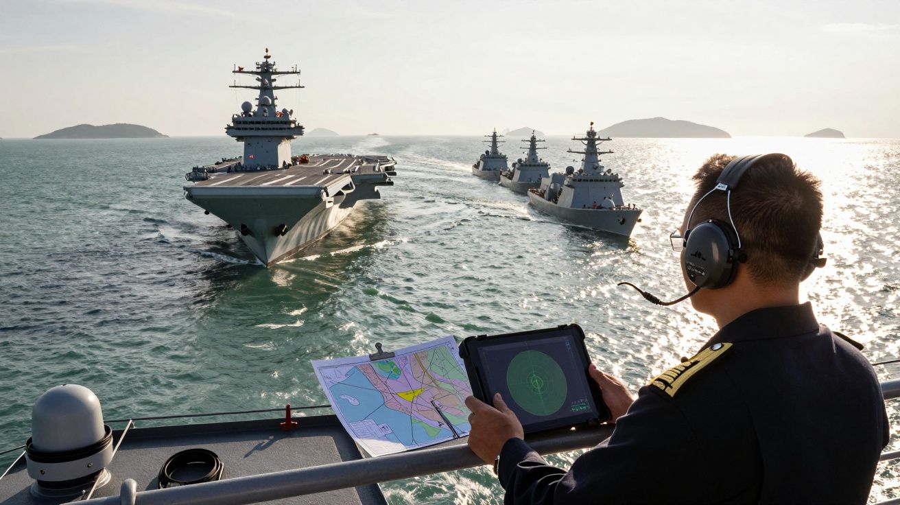 Homem da marinha com auscultadores controla navios de guerra em frota no mar durante dia ensolarado.