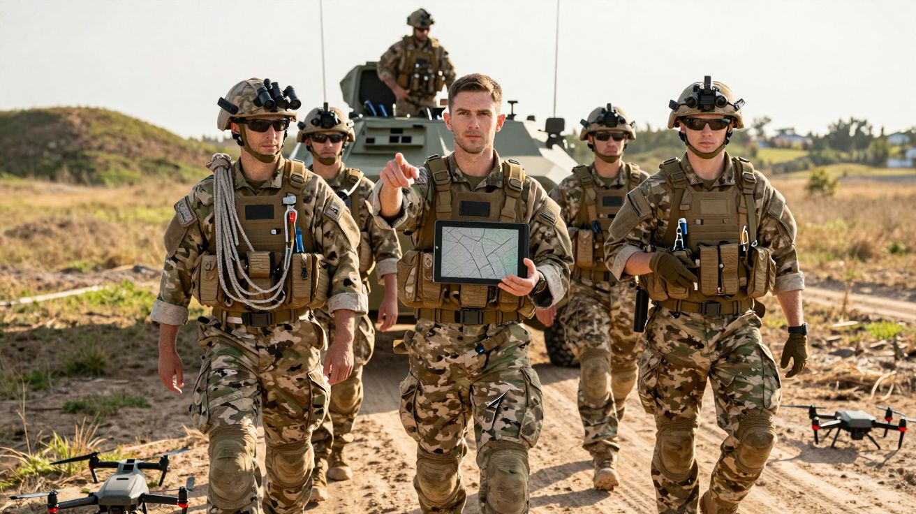 Grupo de soldados em uniforme militar a caminhar em terreno aberto com veículos e drones ao fundo.