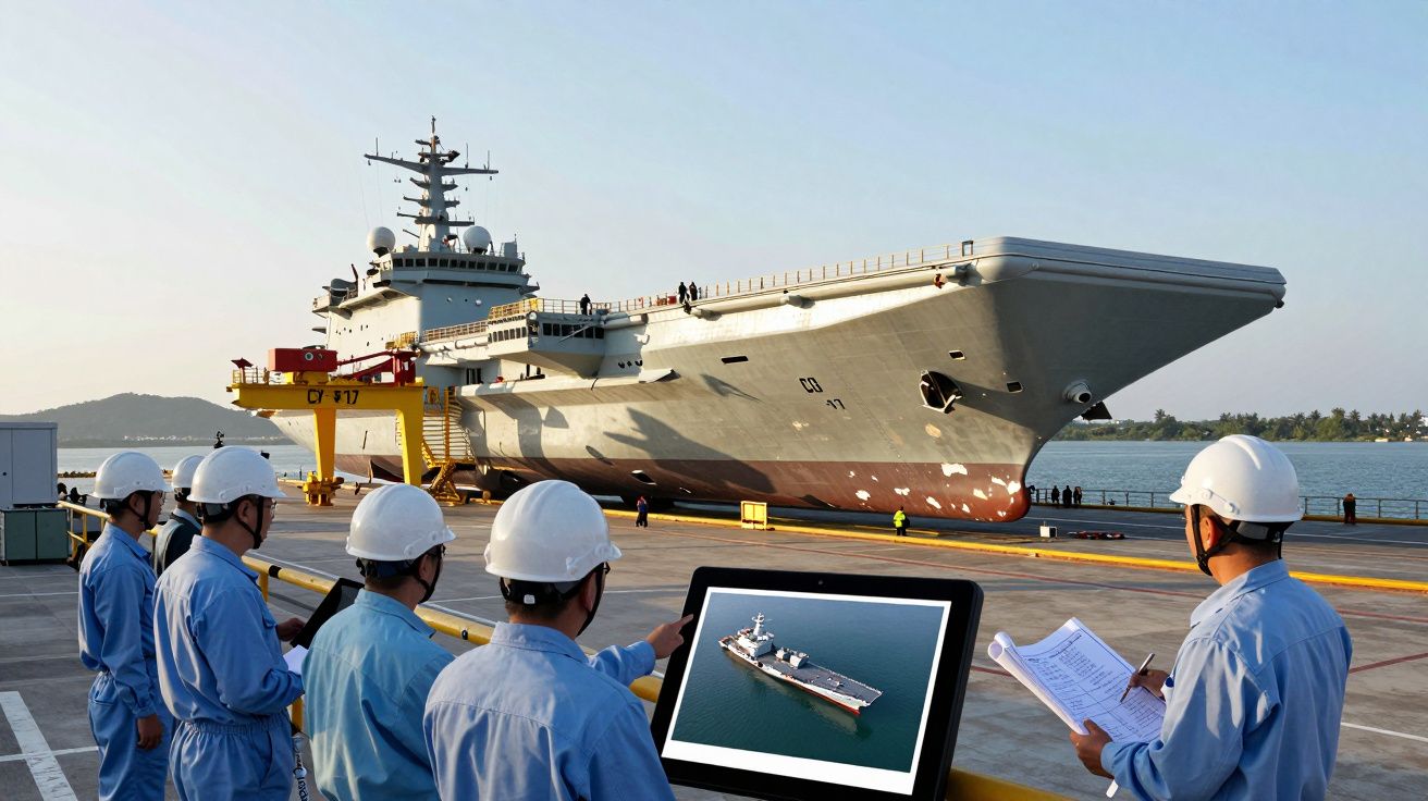 Marinheiros com capacetes azuis observam e analisam um porta-aviões atracado num cais ao entardecer.