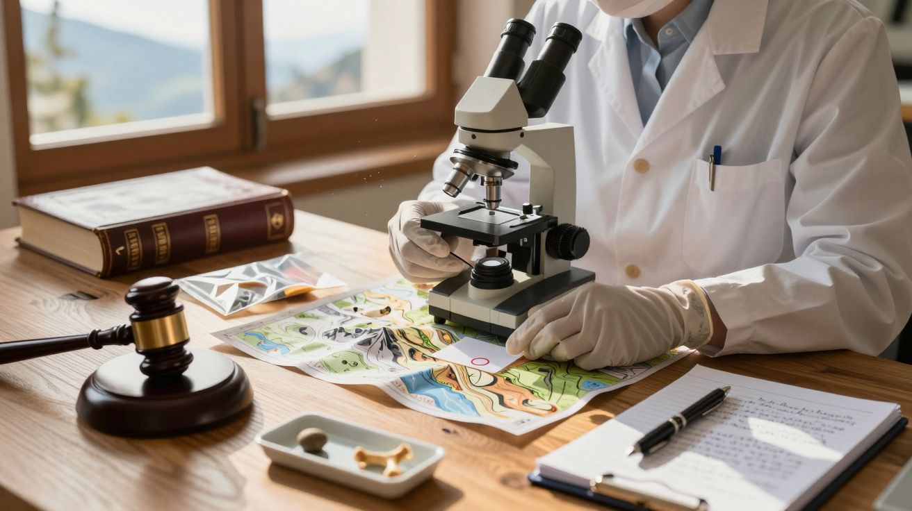 Investigador forense a analisar amostra num microscópio numa mesa com livros, martelo e anotações.