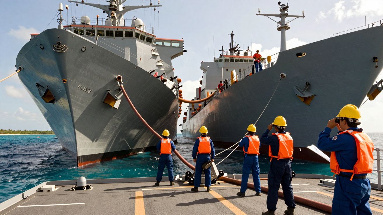 Cinco marinheiros com coletes e capacetes amarelos entre dois navios cinzentos no mar, com céu parcialmente nublado.