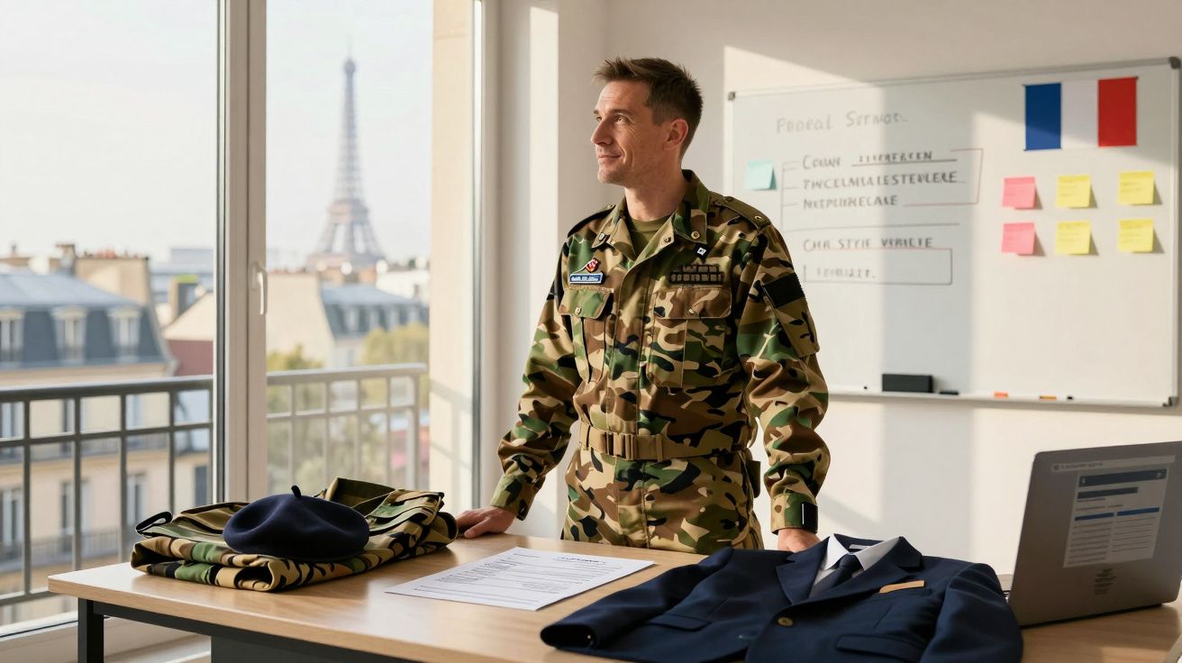 Militar francês em uniforme camuflado, em escritório com vista para a Torre Eiffel e bandeira da França.