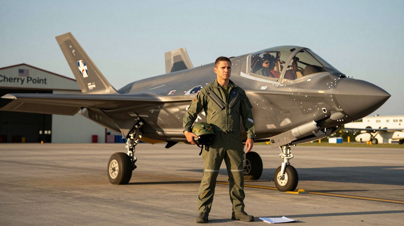 Piloto militar em fato de voo verde com capacete na mão em frente a jato de combate estacionado numa pista aeroportuária.