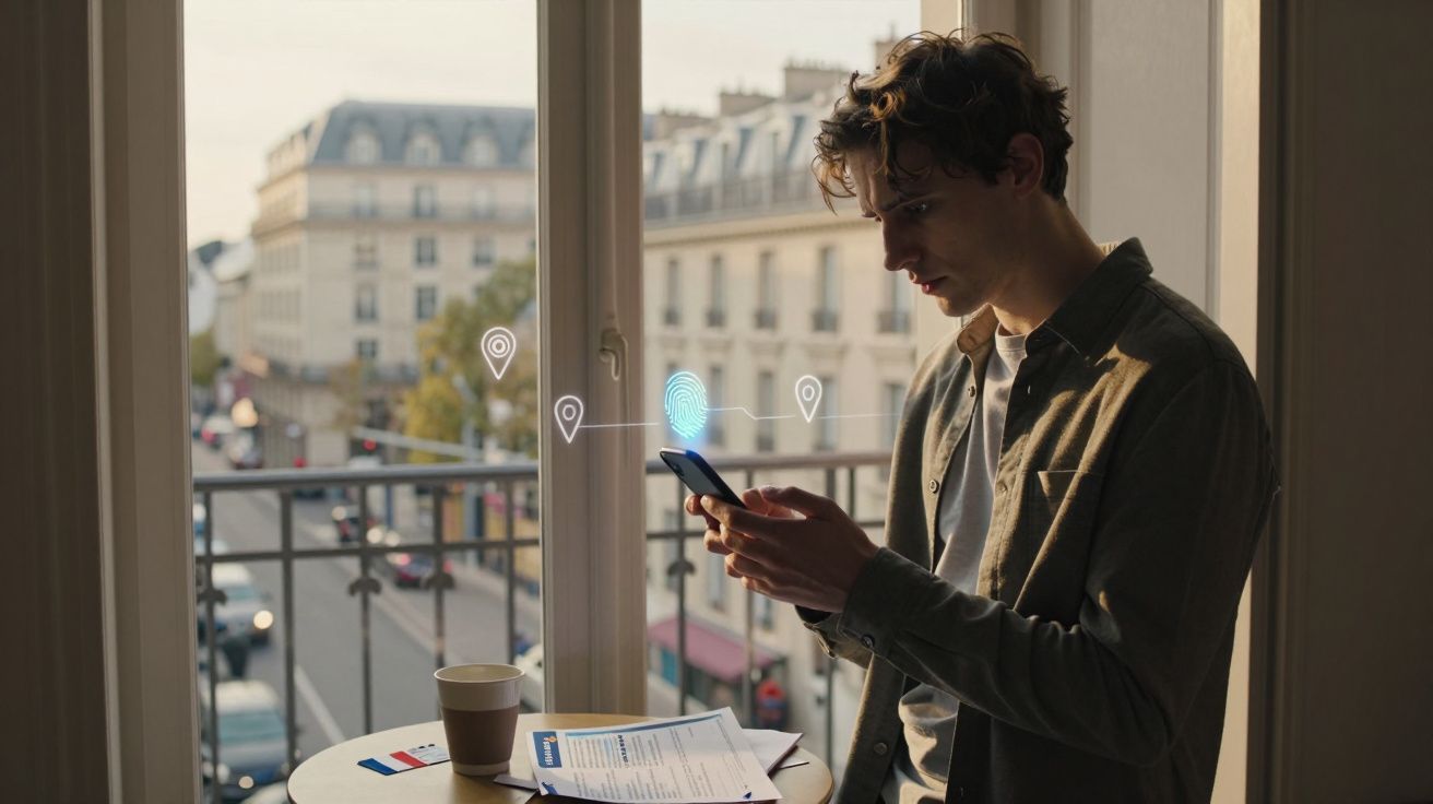 Homem junto a janela com smartphone, ícones digitais de localização sobrepostos, ambiente urbano ao fundo.