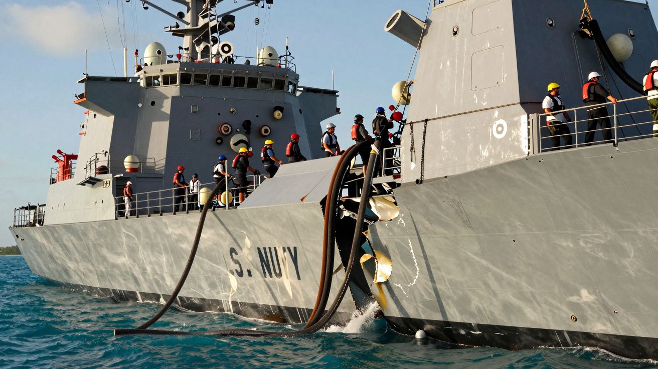 Marinheiros em navios militares cinzentos conectados por mangueiras no mar calmo sob céu azul.
