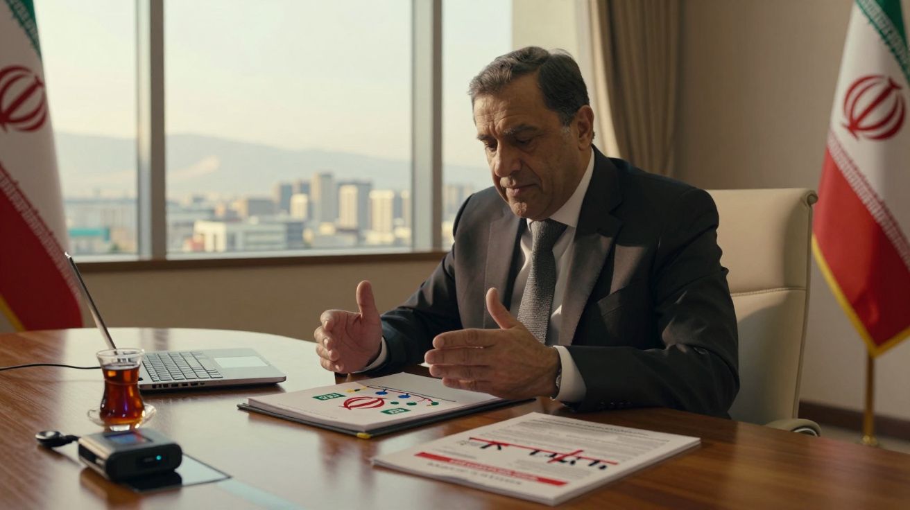 Homem em fato sentado à mesa discutindo gráficos em tablet, com duas bandeiras iranianas ao fundo.