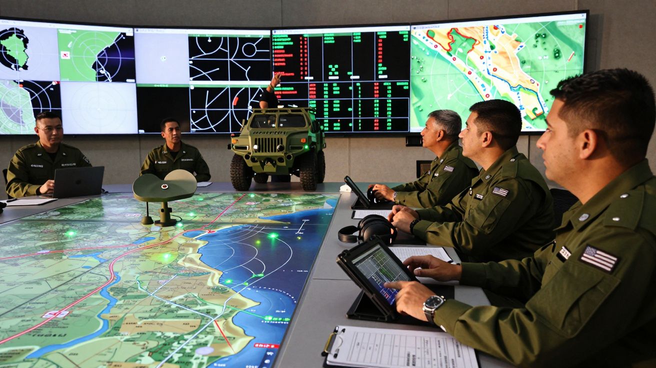 Sala de operações militares com cinco soldados a analisar mapas digitais e dados em monitores e mesas interativas.