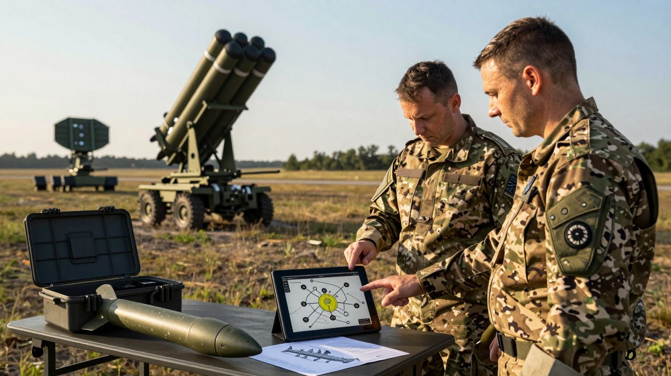 Dois soldados em uniforme camuflado analisam informações num tablet ao ar livre, com equipamento militar ao fundo.