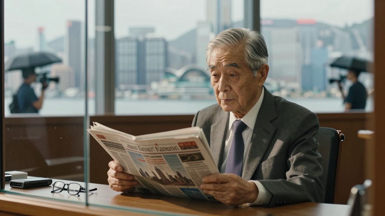 Homem idoso de fato sentado e a ler um jornal num escritório com vista para a cidade.